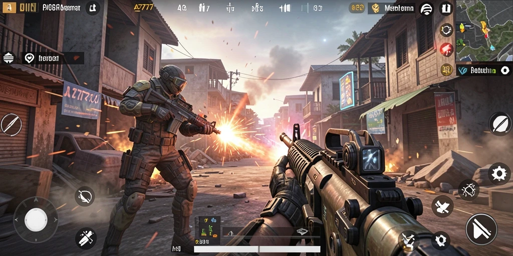 Screenshot A7777 menampilkan aksi tembak-menembak yang menegangkan dalam permainan FPS.