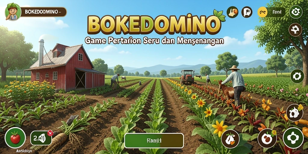 Tampilan gameplay BOKEDOMINO dengan ladang yang subur dan aktif.