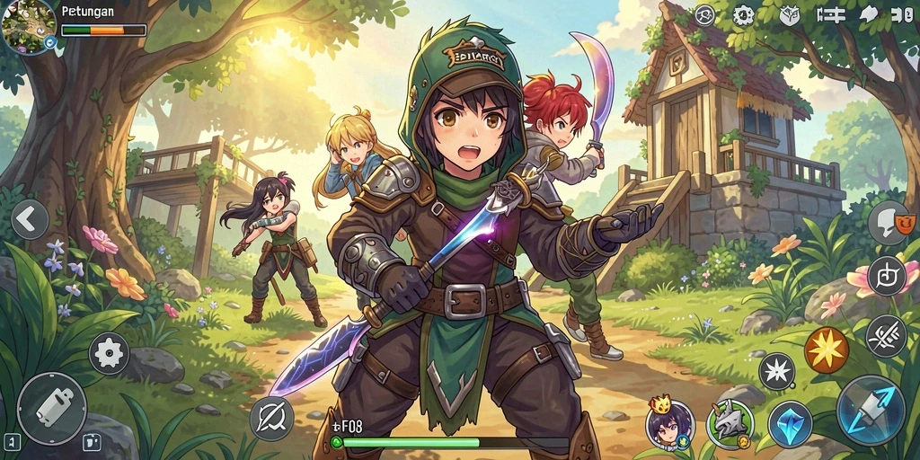 Screenshot FO8 menunjukkan karakter anime beraksi di dunia yang penuh warna.