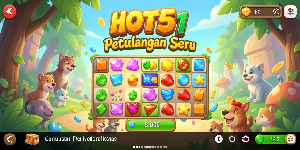 Screenshot utama HOT51 menampilkan gameplay Match-3 yang seru dan penuh warna.