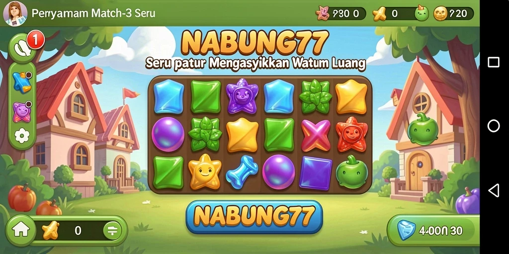 Tampilan gameplay NABUNG77 saat mencocokkan objek match-3 yang seru.
