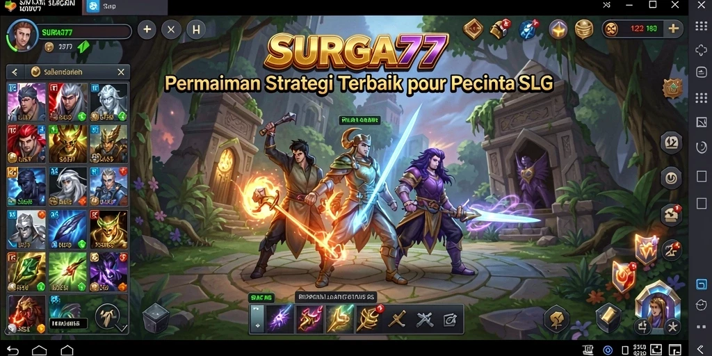Tampilan gameplay SURGA77 yang menggambarkan aksi pertempuran strategis.